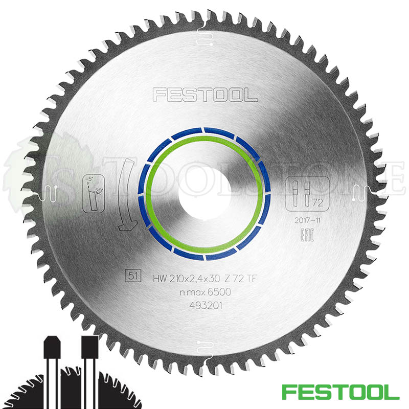 Пильный диск Festool 493201, HW 210x2.4x30 мм, TF72 трапеция, -5° по цветным металлам