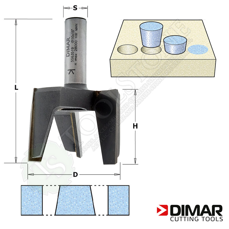Фреза ремонтная Dimar (Израиль) арт 5563519, "мама", для изготовления конусной заглушки, D=50 мм, D1=34 мм, H1=20 мм, a=15°, L=72 мм, Z3, S12