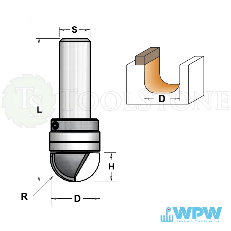 Галтельная фреза WPW (Израиль) WPW077 с двойным верхним металлическим подшипником, D=19 мм, R=9.5 мм, H=11 мм, L=83 мм, Z2, S12