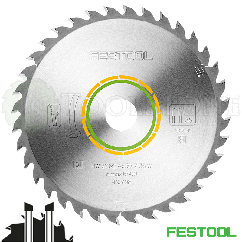 Пильный диск Festool 493198, HW 210x2.4x30 мм, W36 косой зуб, 15°, универсальный по дереву и фанере (арт 493198)