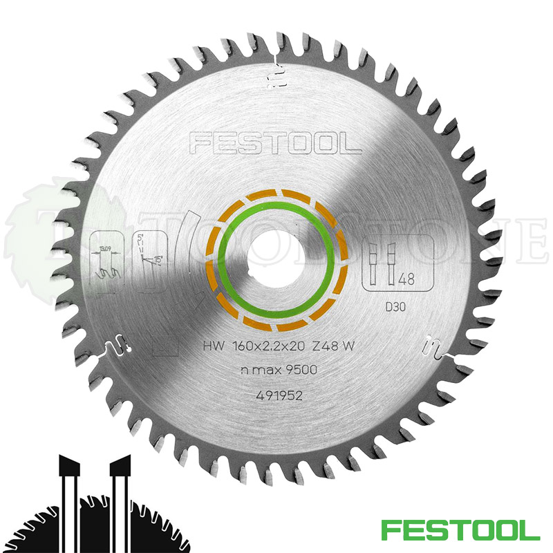 Пильный диск Festool 491952 HW 160x2.2x20 мм, W48 косой зуб, универсальный по дереву и фанере, чистый пропил