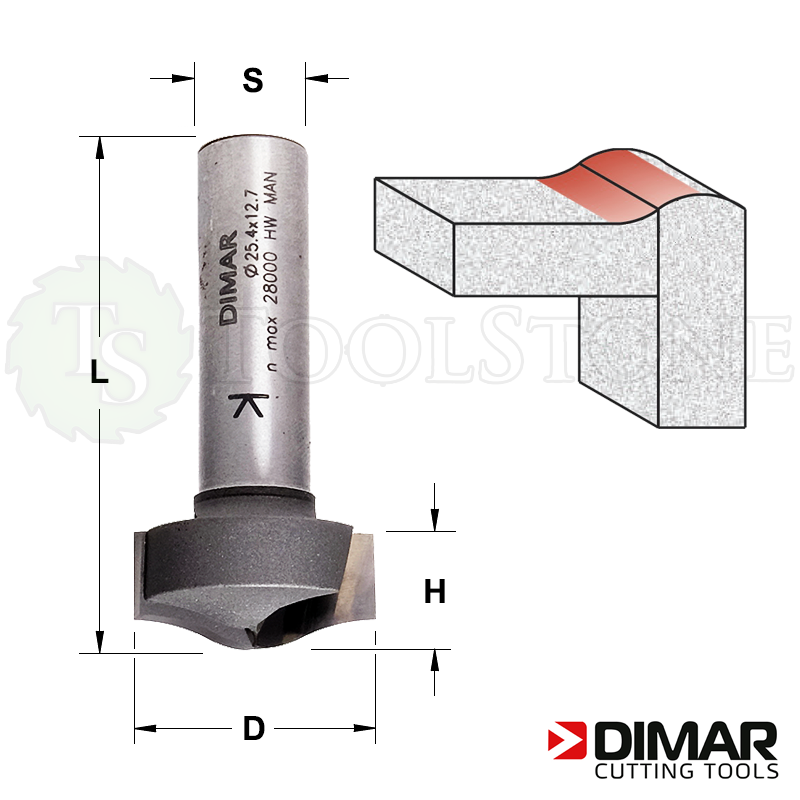 Профильная фреза "грибок" Dimar (Израиль) для "антиперелива", без подшипника, Ø25.4мм, H=12.7мм, L=54мм, Z2, S12 (арт.DMR146)