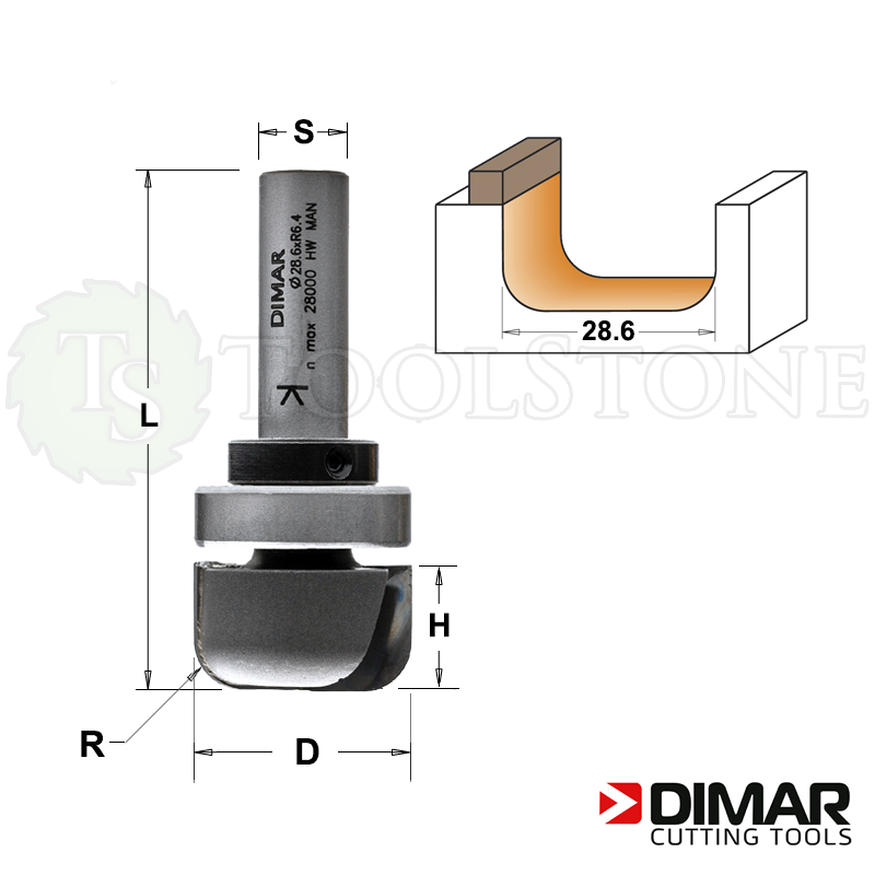 Галтельная фреза Dimar (Израиль) с верхним металлическим подшипником, D=28.6 мм, R=6.5 мм, H=16 мм, L=67 мм, Z2, S12 (арт.DMR123)