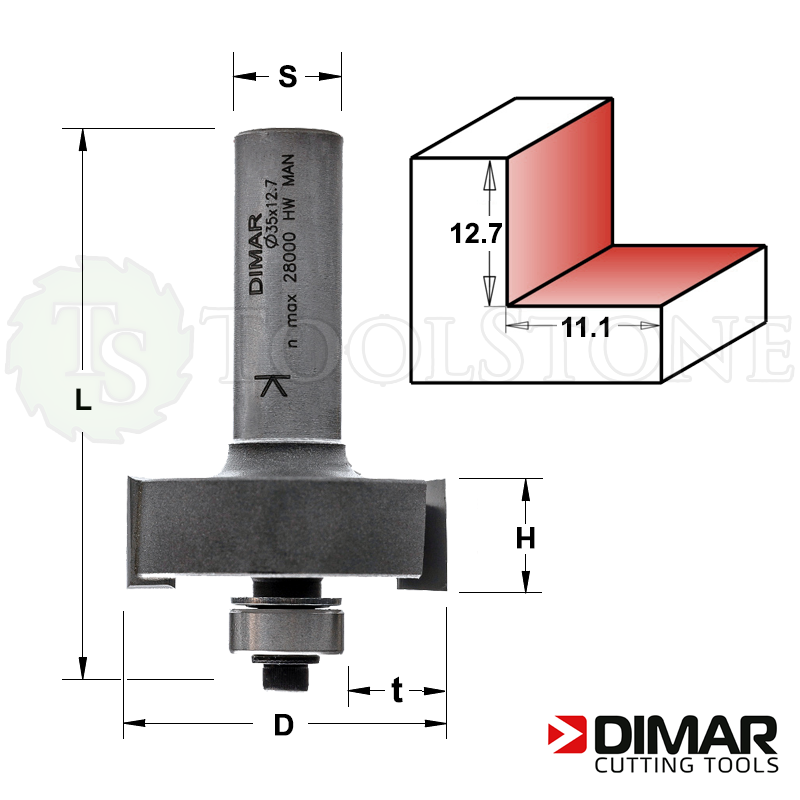 Четвертная фреза Dimar (Израиль) с нижним металлическим подшипником, Ø 35мм, t=11.1мм, H=12.7мм, L=61.3мм, Z2, S12 (арт.DMR051)