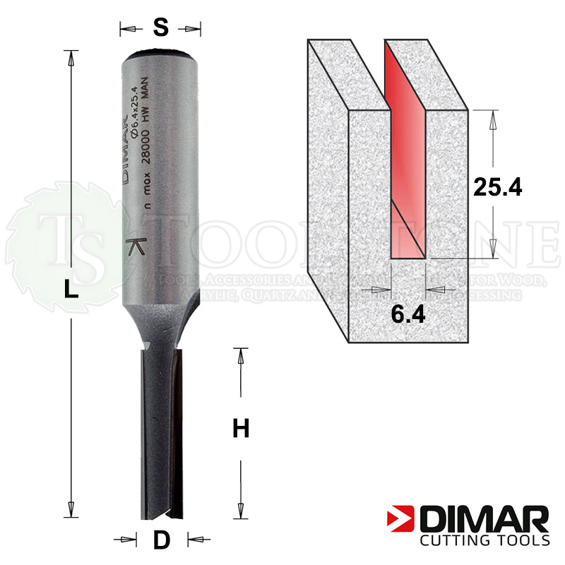Фреза пазовая Dimar (Израиль) DMR003, Ø6.4 мм, H=25.4 мм, L=70 мм, Z2, S12