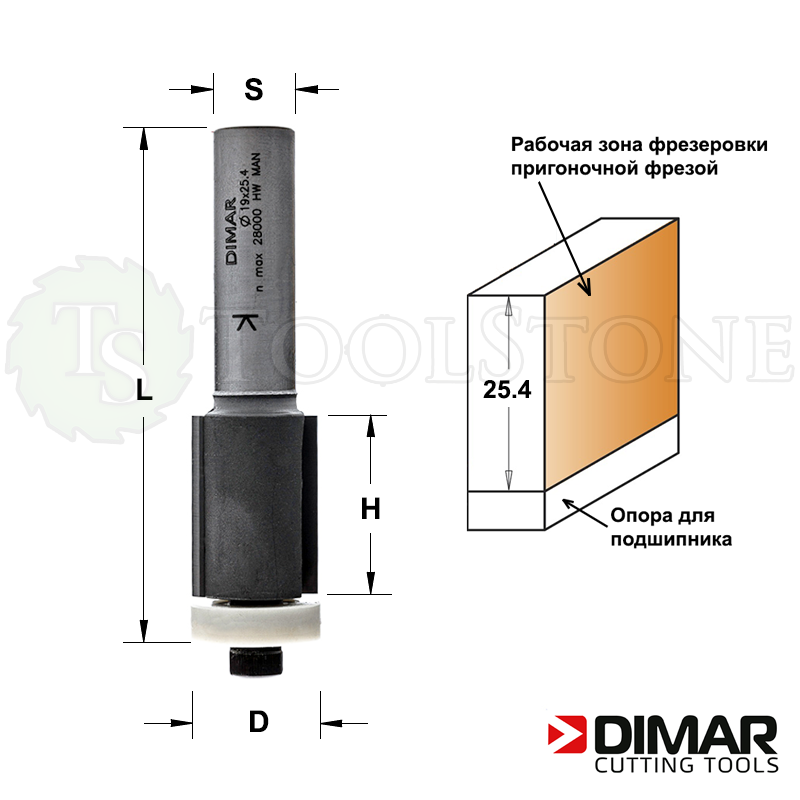 Пригоночная фреза Dimar DMR032 (Израиль) с нижним пластиковым подшипником, Ø 19мм, H=25.4мм, L=80мм, Z2, S12