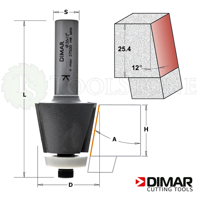 Конусная фреза Dimar с нижним конусным пластиковым подшипником, Ø32 мм, H=25.4 мм, А=12°, L=80 мм, Z2, S12 (арт.DMR056)
