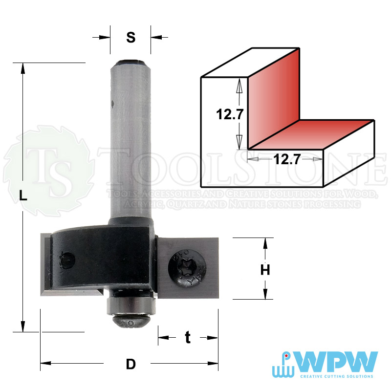 Четвертная фреза WPW (Израиль) WPW080 с нижним подшипником и сменными ножами, Ø35 мм, t=12.7мм, H=12мм, L=54 мм, Z2, S8